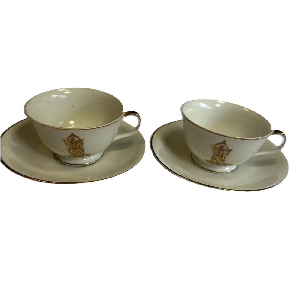 1950's Japanese Kutani China Bunji KUT 395 Cups & Saucer Lot Of 2 Buddha‎ Gold